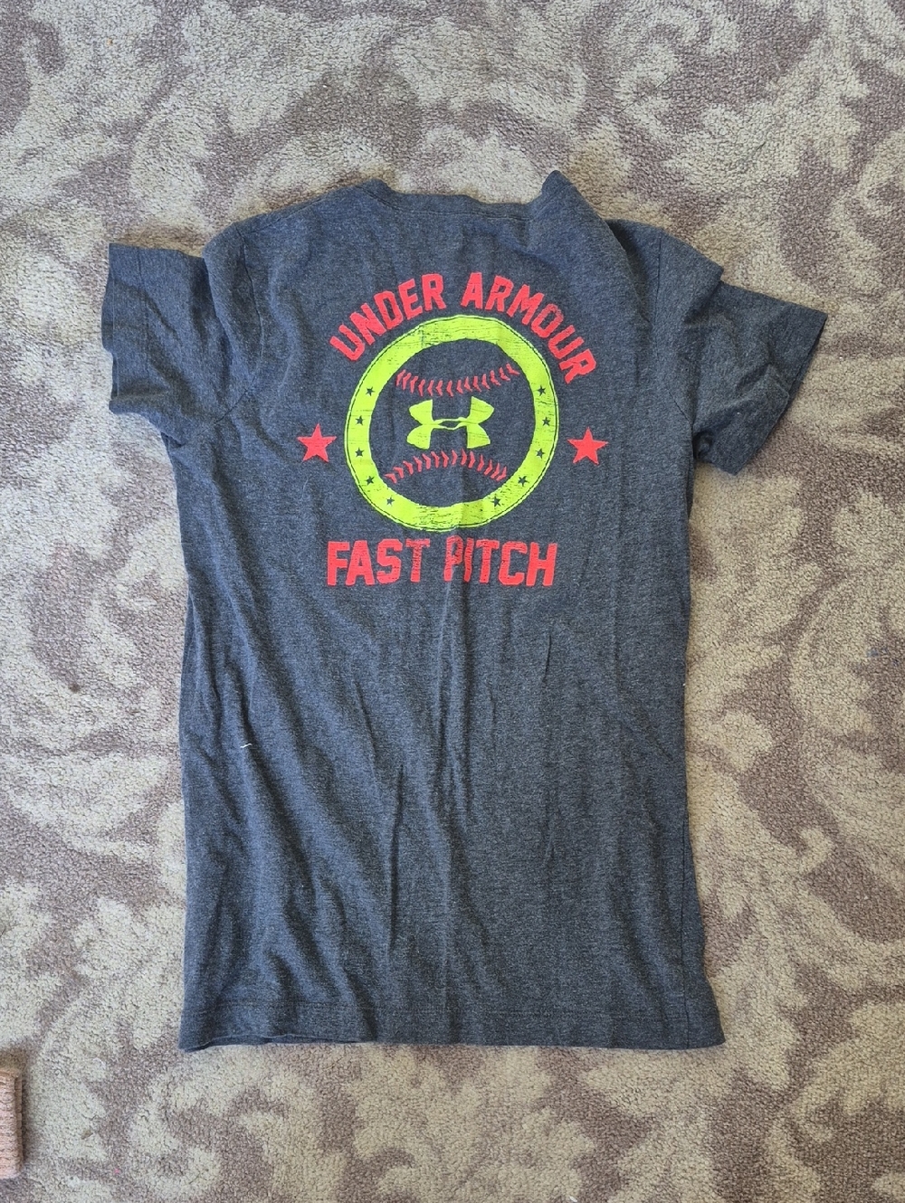 Under Armour Gray Tee with Neon Yellow and Red Baseball Graphic
